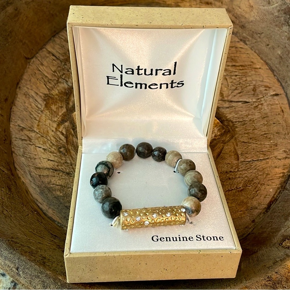 NEW Natural Elements Genuine Stone Gold Brown Grey Stretch Bracelet
